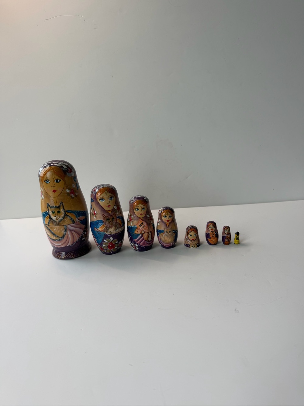 Vintage 8 Dolls Woman Holding a Cat Nesting Set Matryoshka 5.5" 15 Pieces